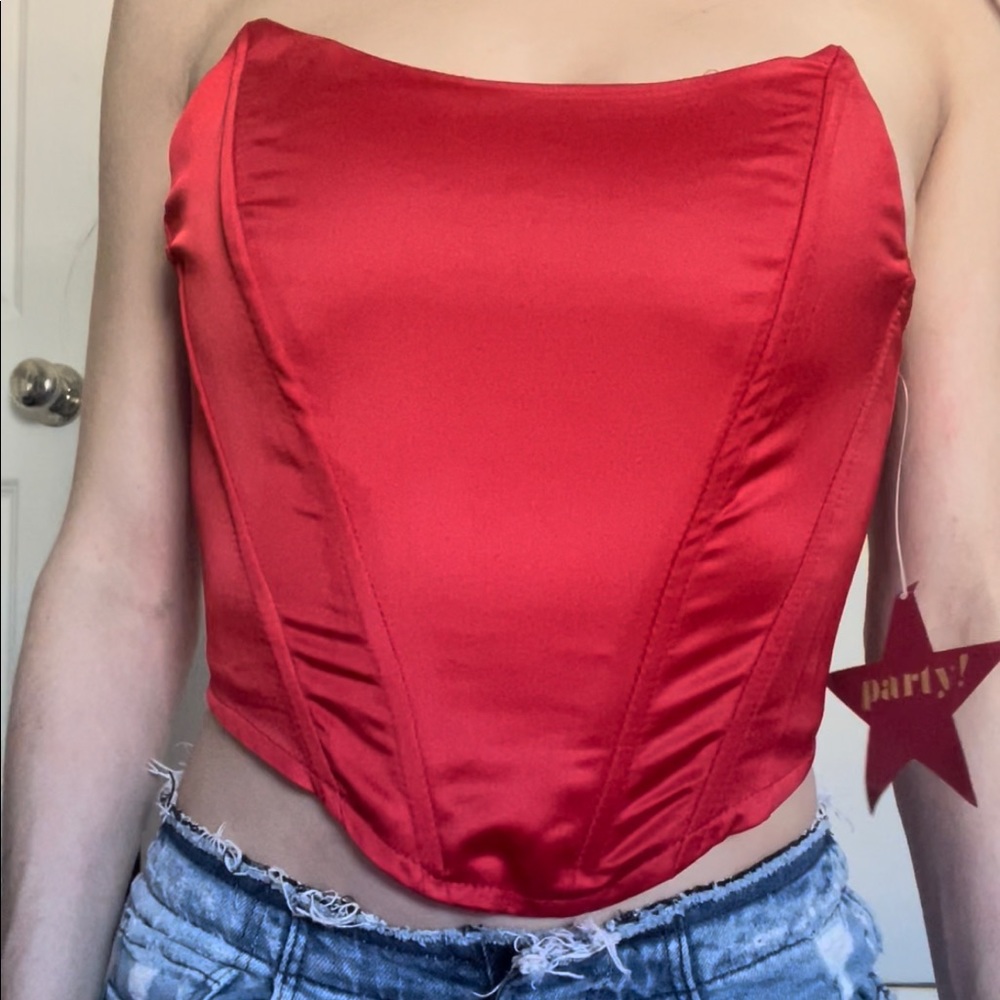 Red satin corset top